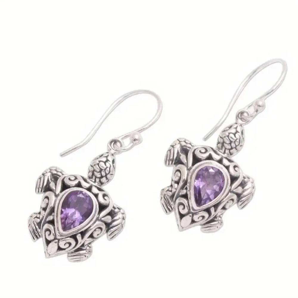 NWOT - Intricate Silver Turtle Earrings with Purple Rhinestone